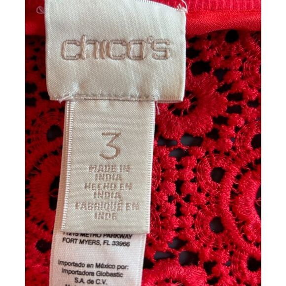 So Pretty! Chico's RED Lace Jacket Unlined Metal Zipper Close Ribbed Knit Trim 3 - Picture 5 of 5